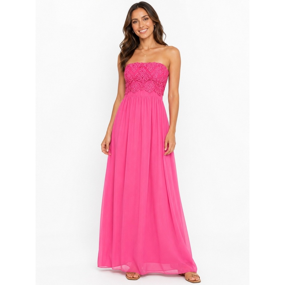 Marineblu Hot Pink Strapless Lace Formal‎ Gown Womens L Chiffon Maxi Prom